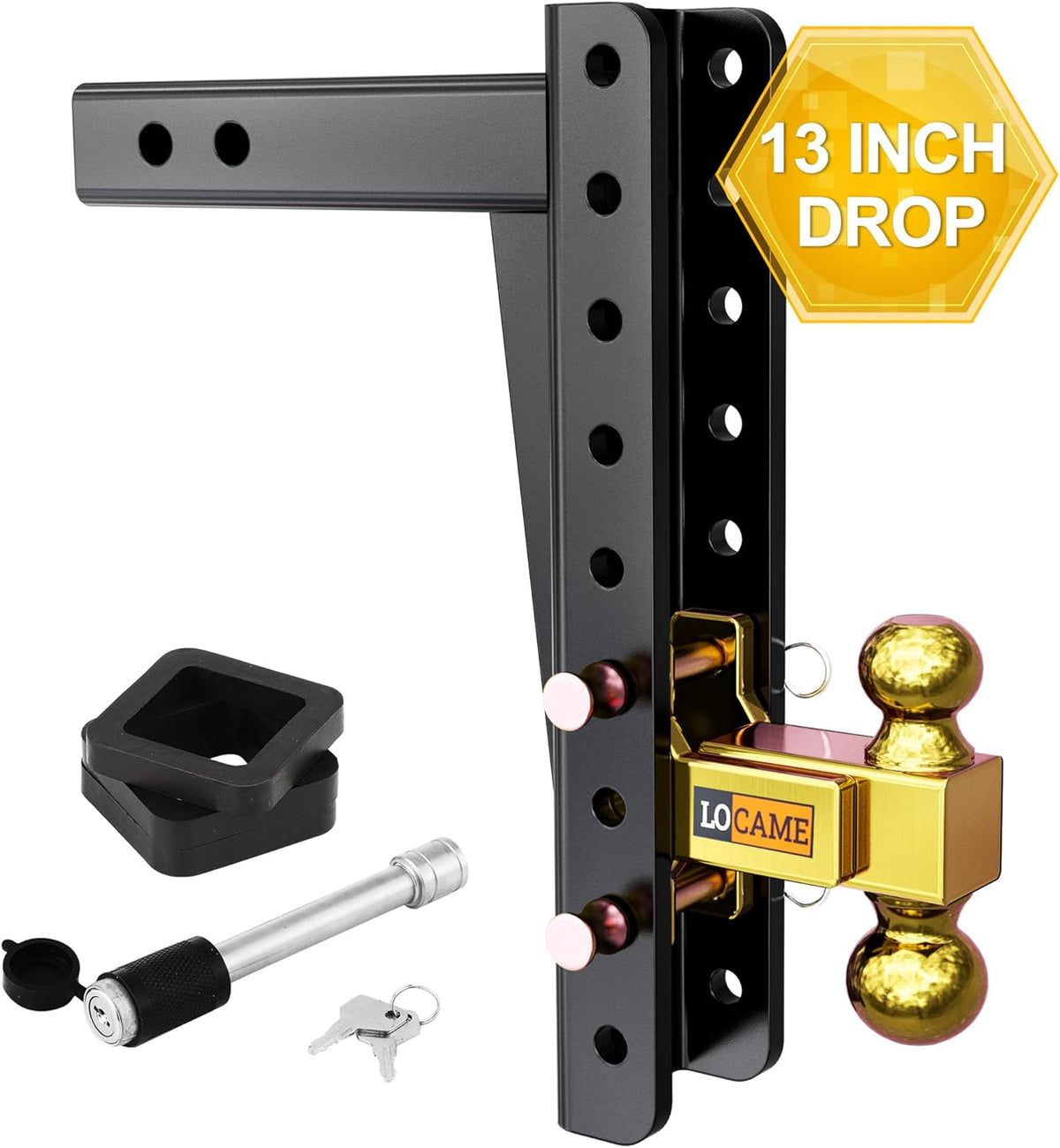 Adjustable Trailer Hitch, 2-Inch Receiver, 13-Inch Drop/Rise, 21000 LBS GTW, Double Pins, Solid Ball Mount P6947
