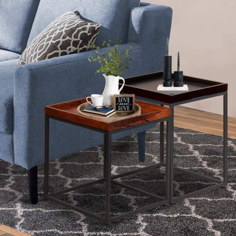 2 Piece Wooden Tray Top Nesting Table Set with Metal Frame, Brown and Black W2286