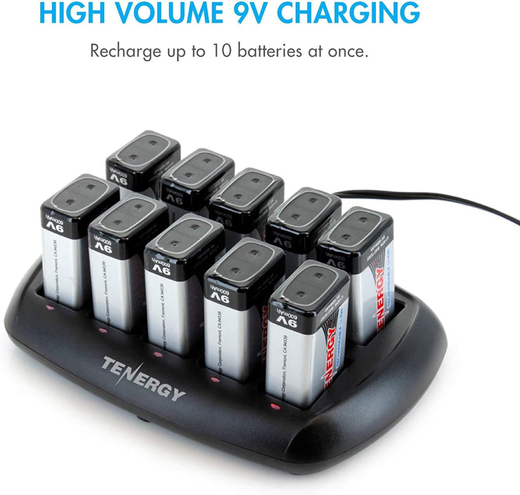 9V Rechargeable Batteries 600mAh 10PCS with 10-Slot Charger N796