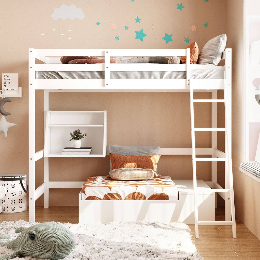 White Twin Loft Bed with Storage Drawer & Shelf K659