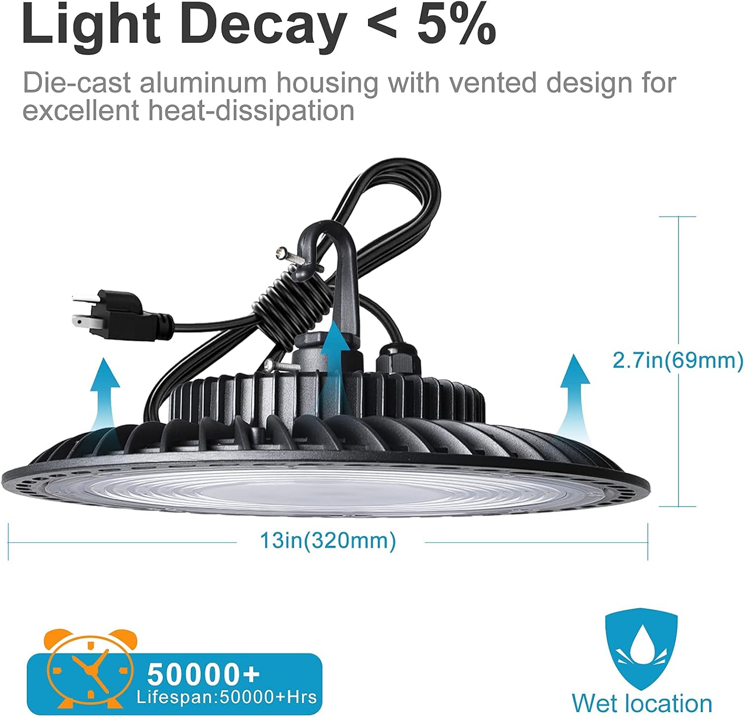 6Pack 150W LED High Bay Light, 5000K 21000LM, IP65, with 5ft UL Cable Plug A6163