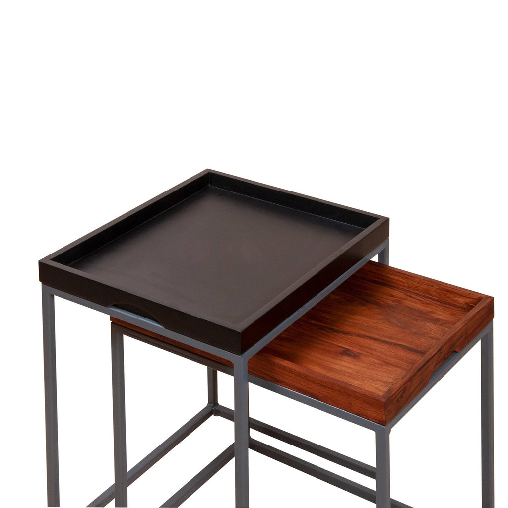 2 Piece Wooden Tray Top Nesting Table Set with Metal Frame, Brown and Black W2286