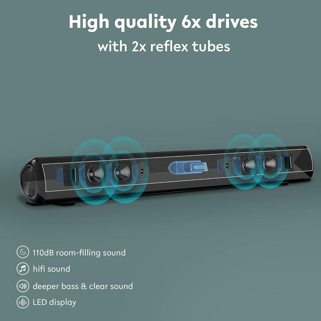 38 Inch 100W Soundbar with 6 Speakers, LED Display, Bluetooth 5.0, Optical, AUX, USB Input, 110 dB 3D Surround Sound K43005