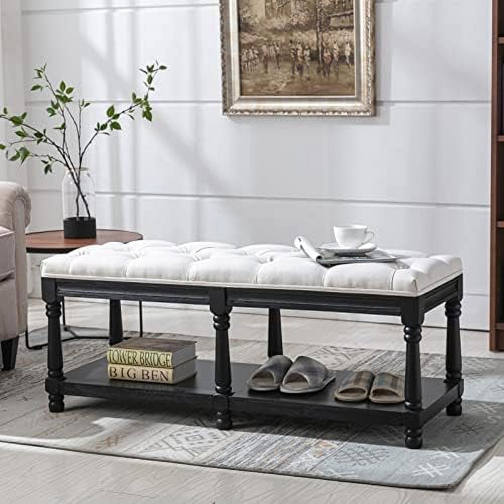 Grey Linen Tufted Bench with Shelf L524611