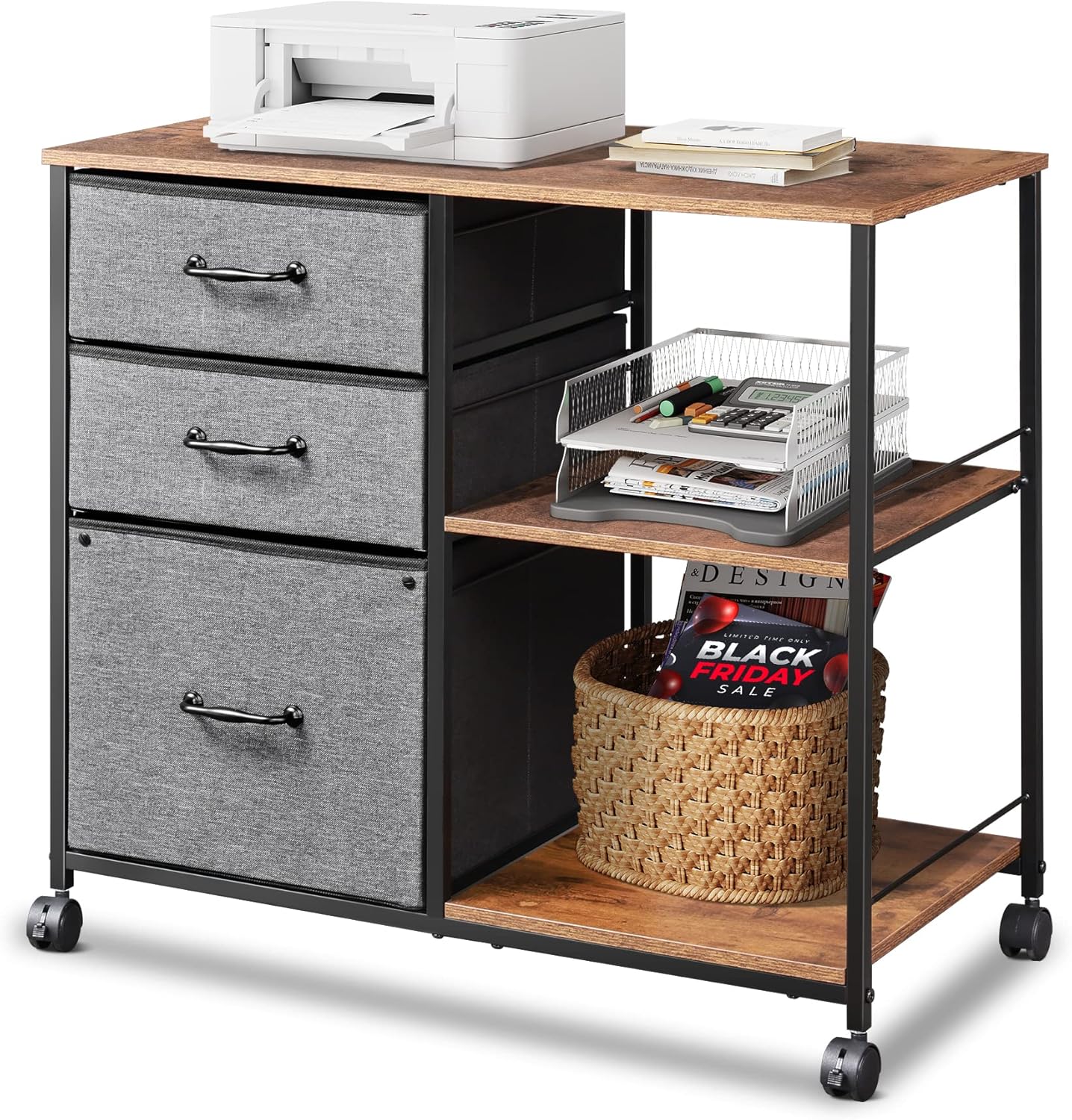 Black 3 Drawer Mobile File Cabinet with Open Storage Shelf M8951