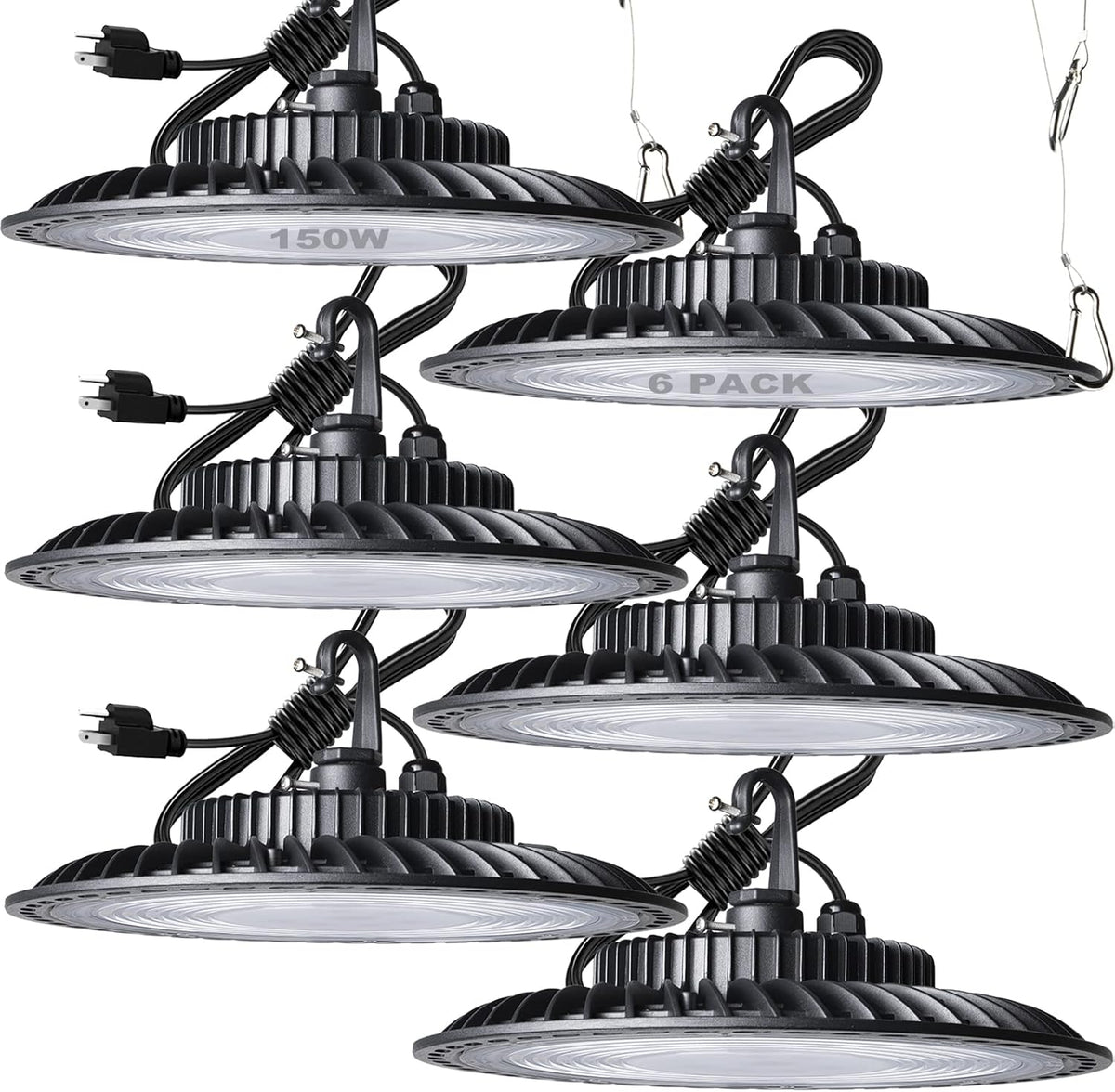 6Pack 150W LED High Bay Light, 5000K 21000LM, IP65, with 5ft UL Cable Plug A6163