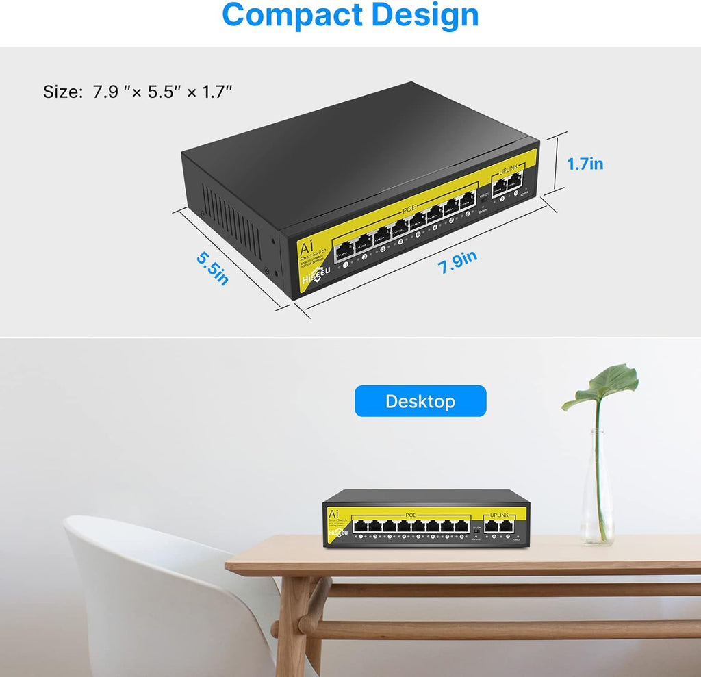 8 Port PoE Switch with 2 Ethernet Uplink Ports, 120 W, Metal Case M246834