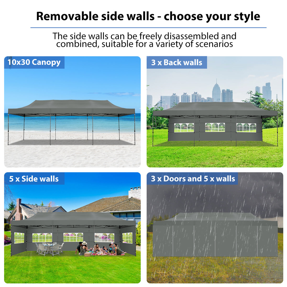 10'x30' Heavy Duty Pop Up Canopy Tent with 8 Removable Sidewalls, Grey K74495