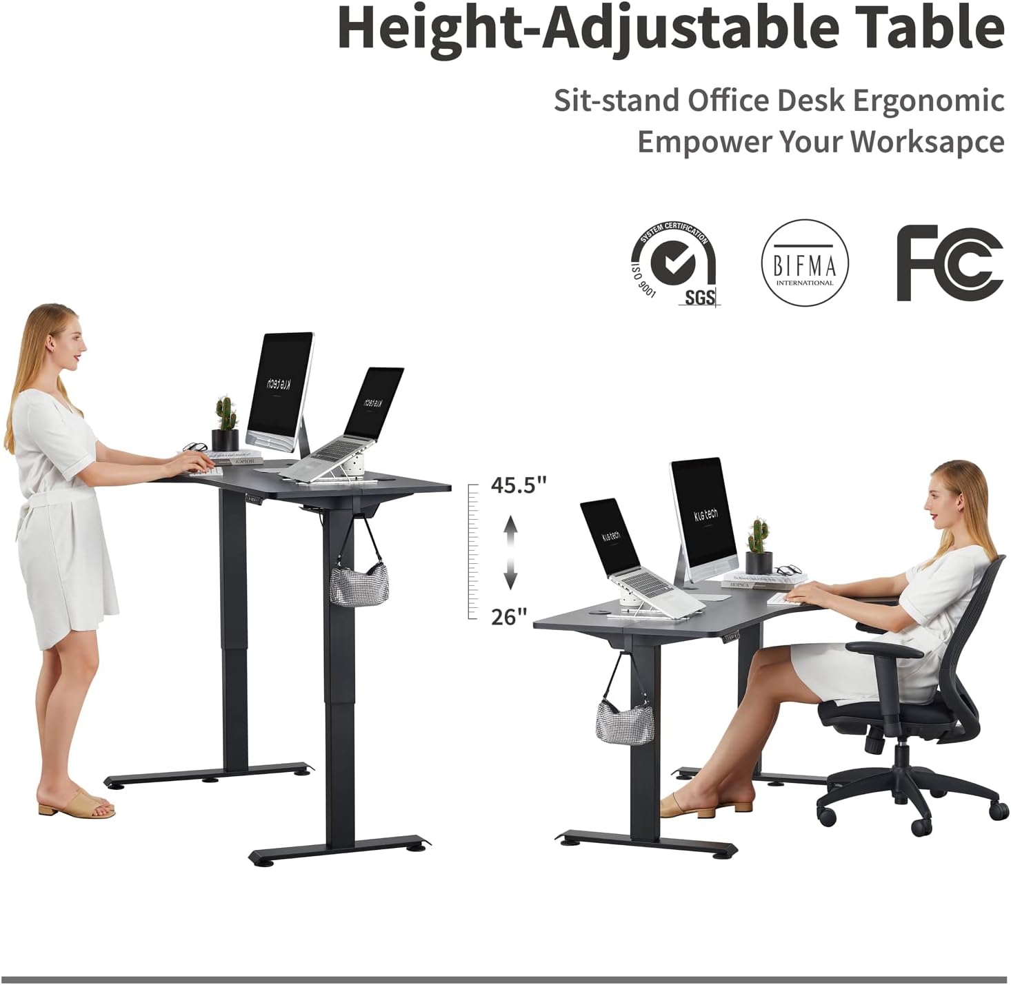 55Inch Electric Height Adjustable L-Shape Corner Desk with Cable Tray I377