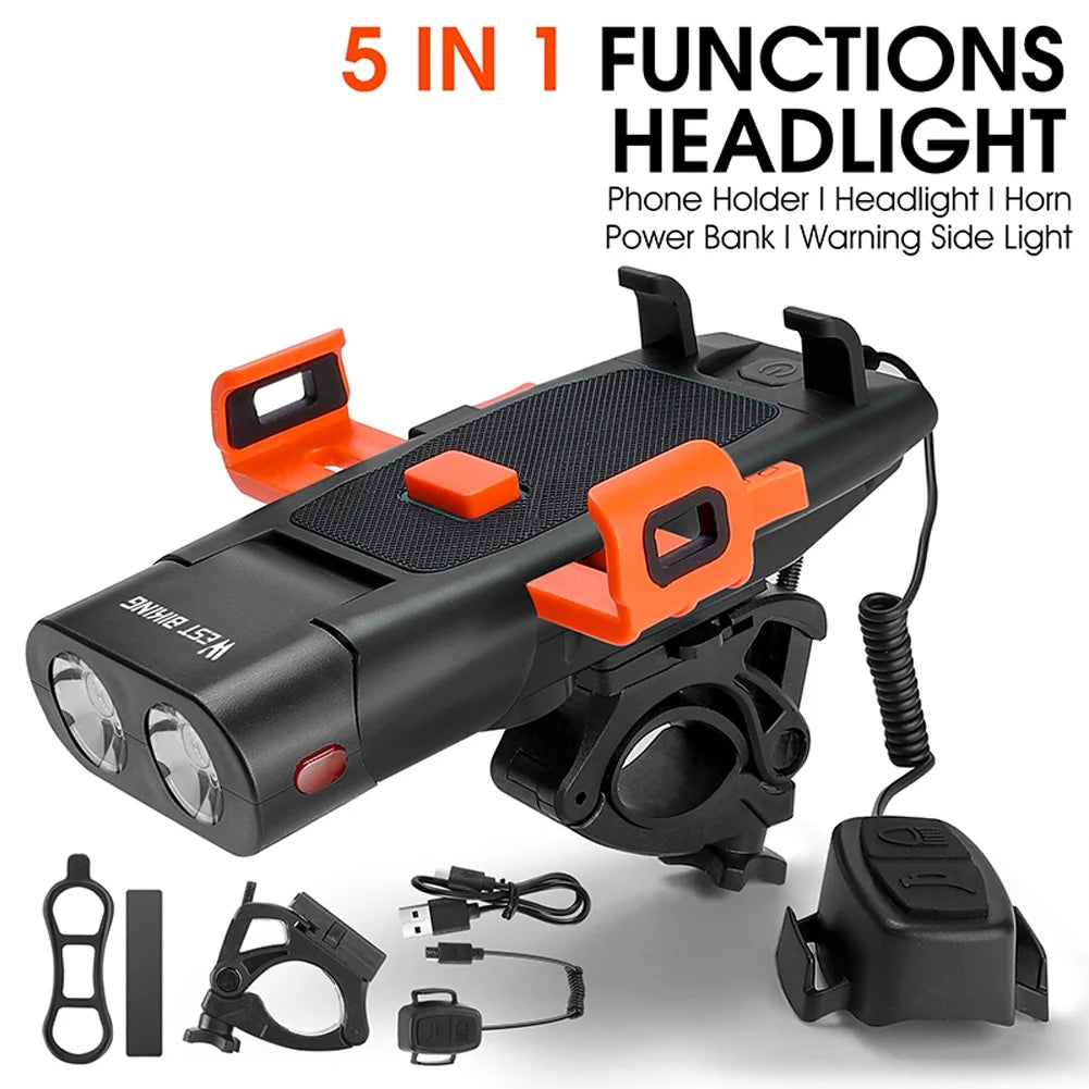 5in1 Bike Front Bracket Lamp Horn Mobilephone Holder Warning Bell Powerbanks USB Rechargeable Cycling Accessories B14213
