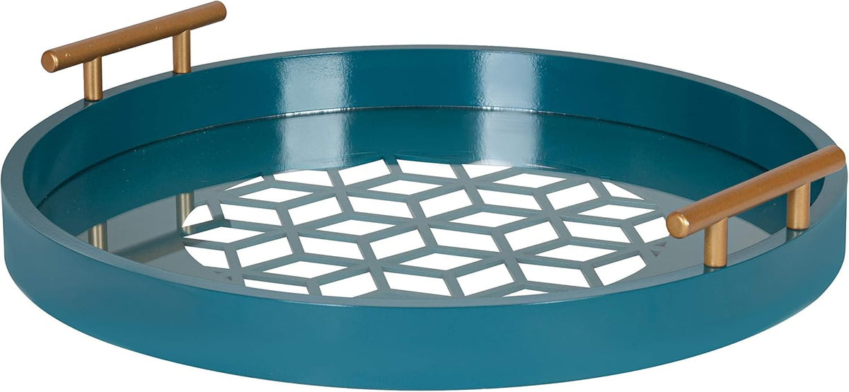 Navy and Gold Round Decorative Tray with Metal Handles M502235