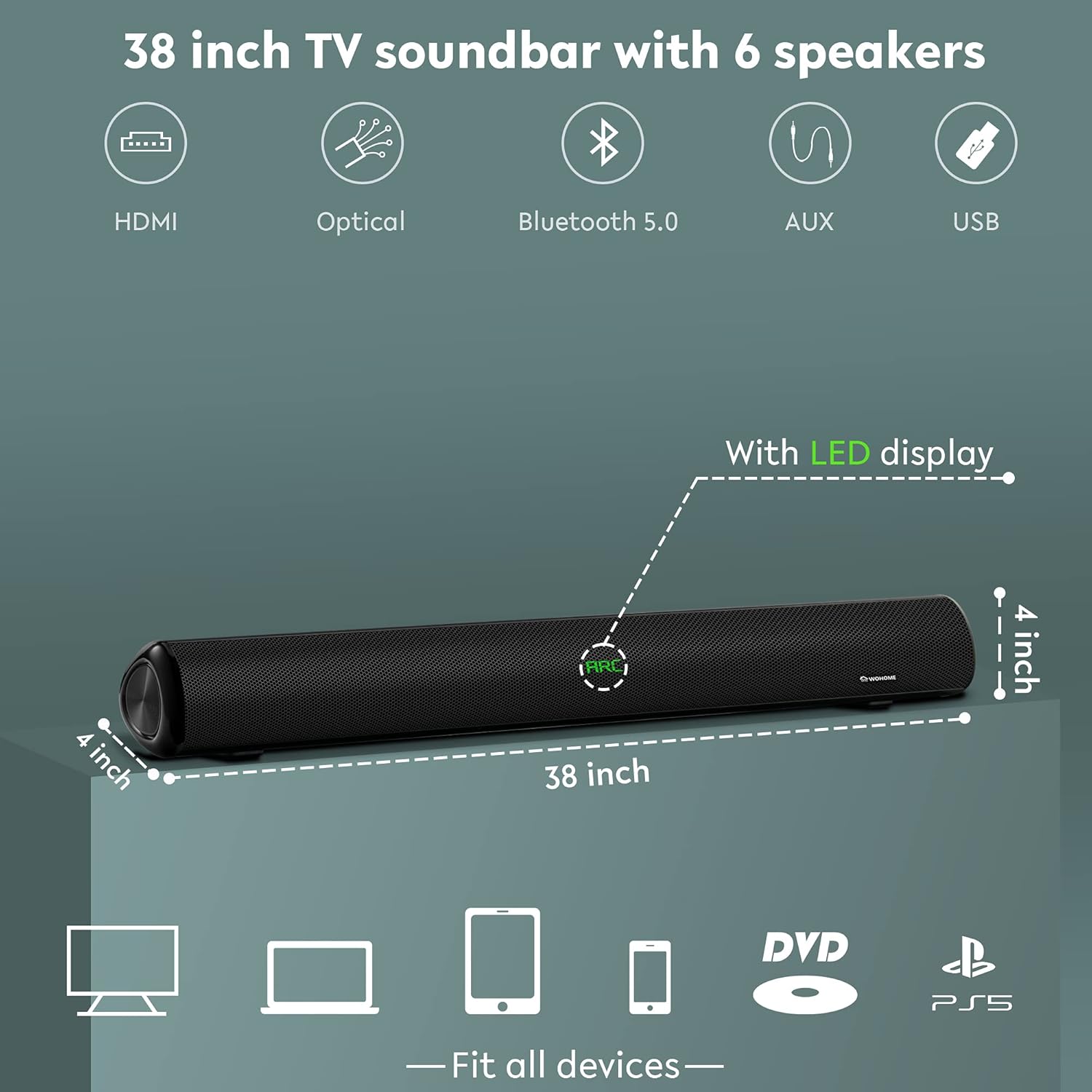 38 Inch 100W Soundbar with 6 Speakers, LED Display, Bluetooth 5.0, Optical, AUX, USB Input, 110 dB 3D Surround Sound K43005