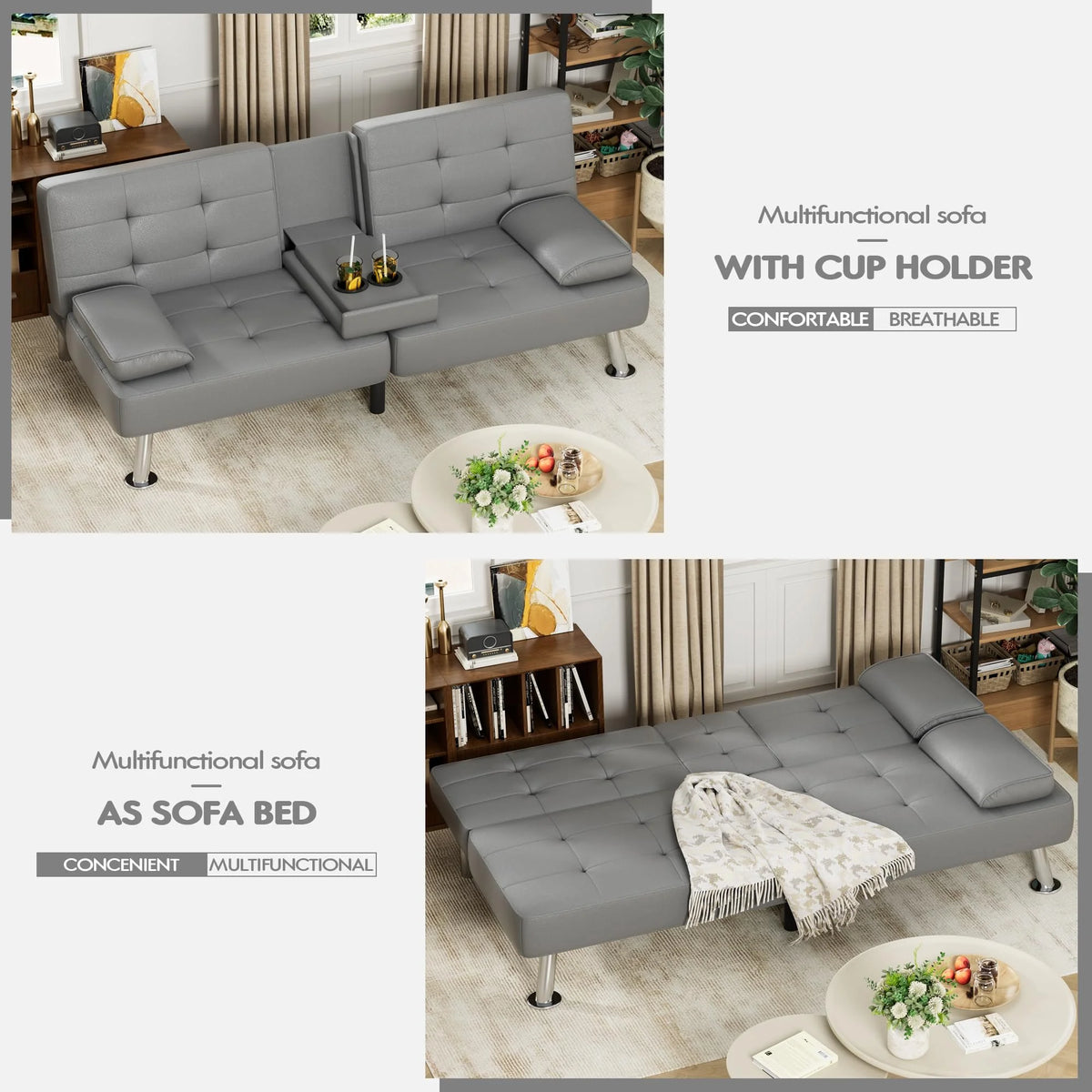 Convertible Folding Futon Sofa Bed Sleeper Couch, Faux Leather, Gray N41739