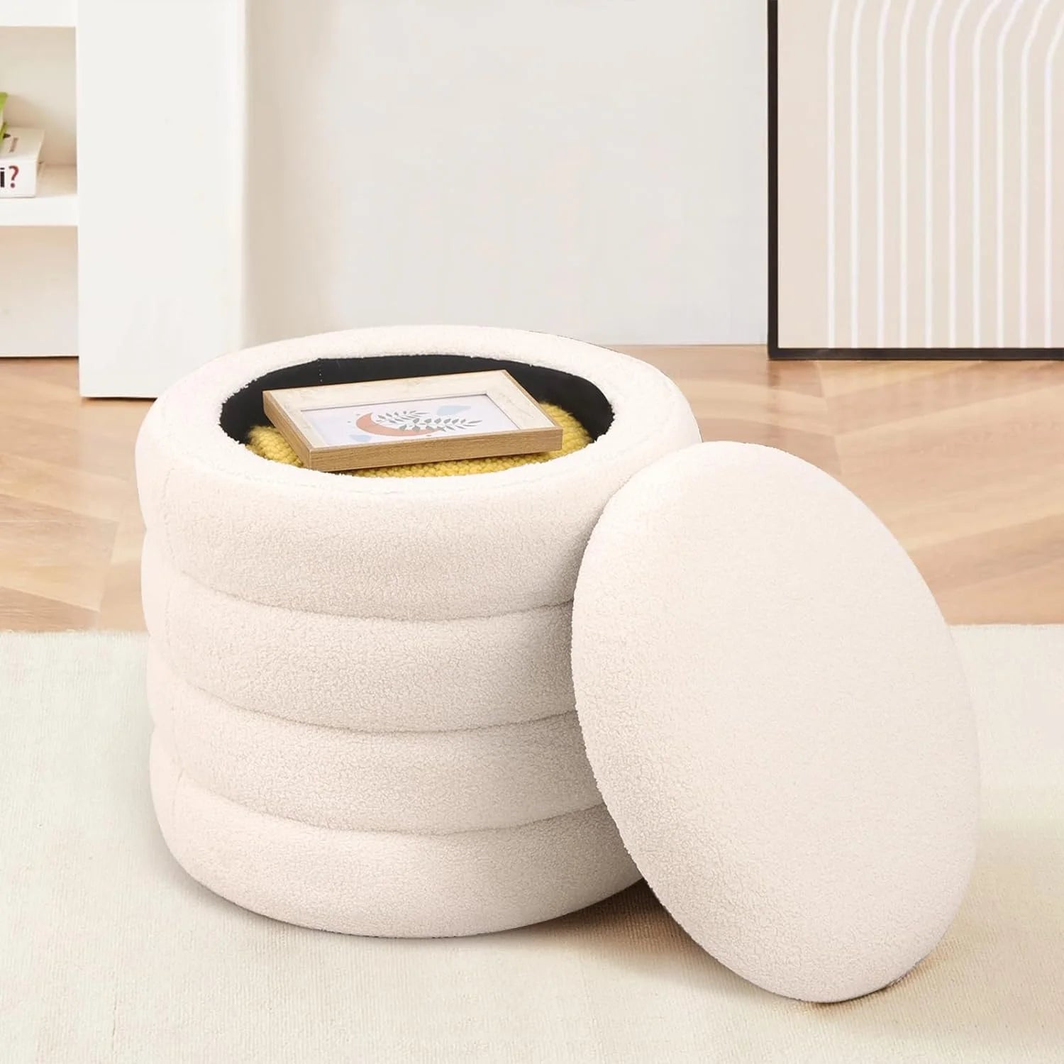 White Velvet Round Ottoman with Storage D63245