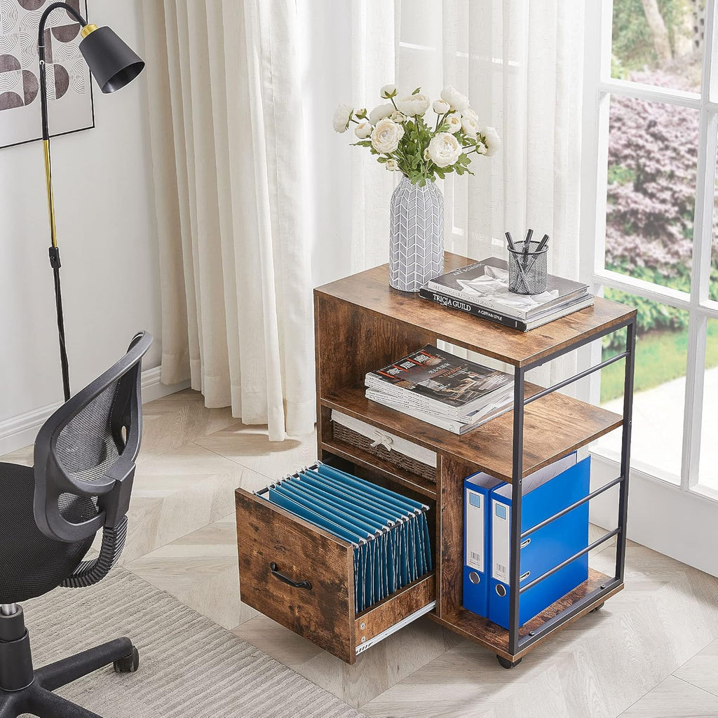 Rustic Brown File Cabinet with Drawer and Open Storage Shelves G4168
