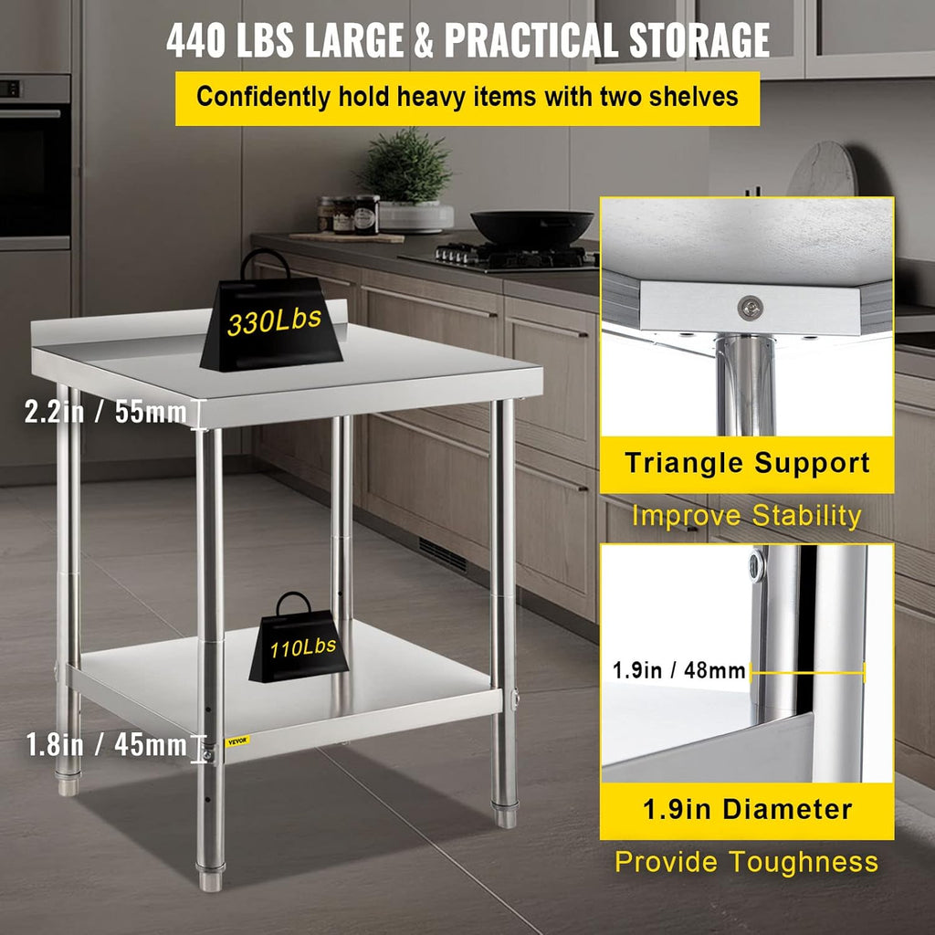 Stainless Steel Prep Table with Backsplash and Adjustable Undershelf T47522