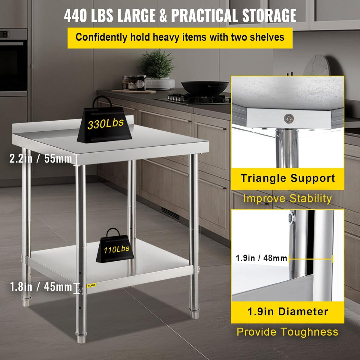 Stainless Steel Prep Table with Backsplash and Adjustable Undershelf T47522