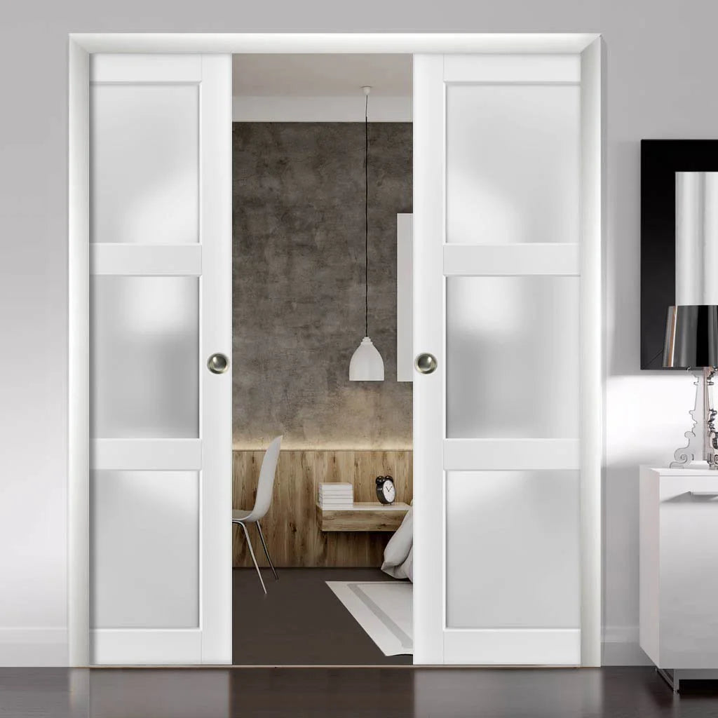 Frosted Glass Sliding French Double Pocket Doors 48 x 80 inches 3 Lites W672