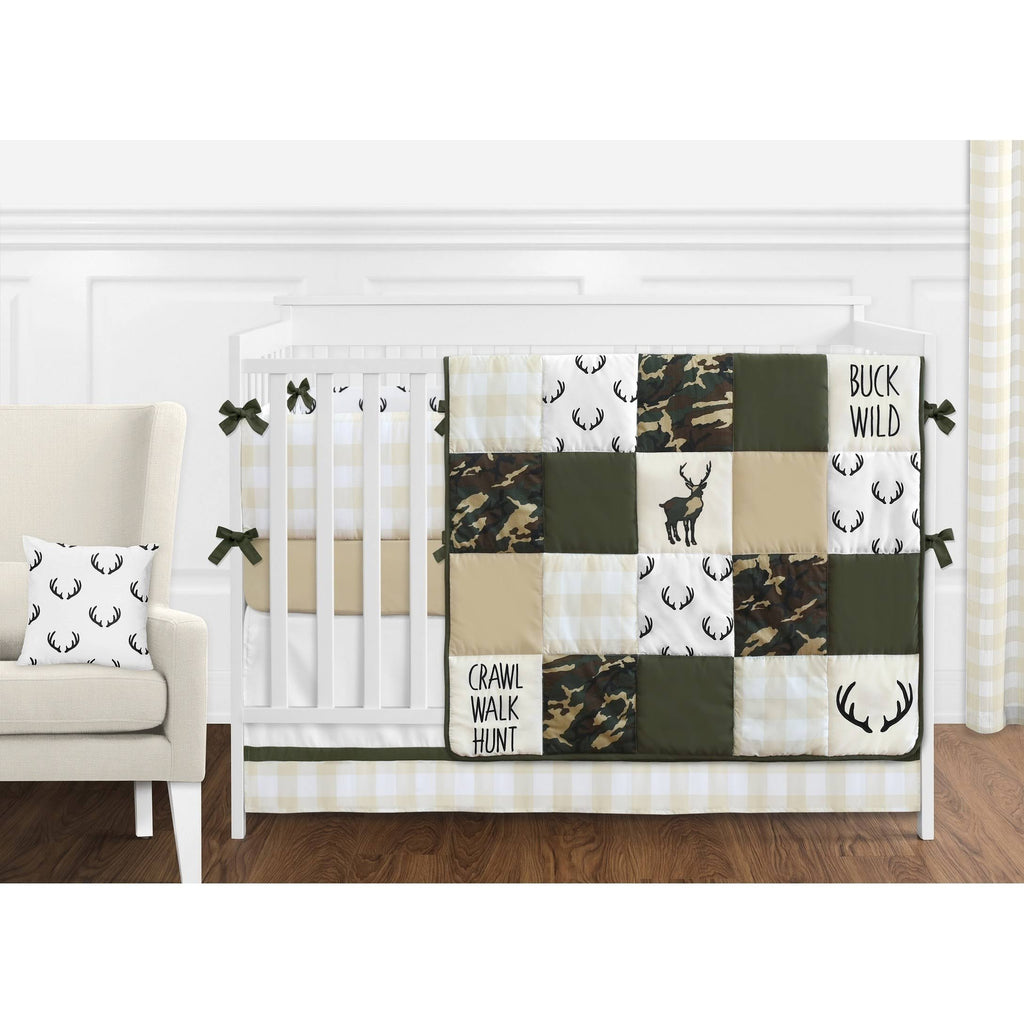 Green Beige Deer Buffalo Plaid Check Woodland Camo Camouflage 9-Piece Crib Bedding Set Y666098