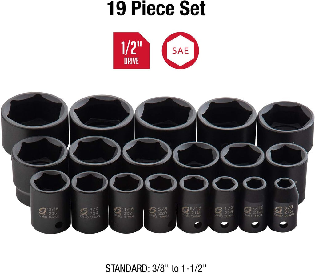 1/2 Inch Drive 19-Piece SAE Impact Socket Set with Heavy Duty Storage Case J77353