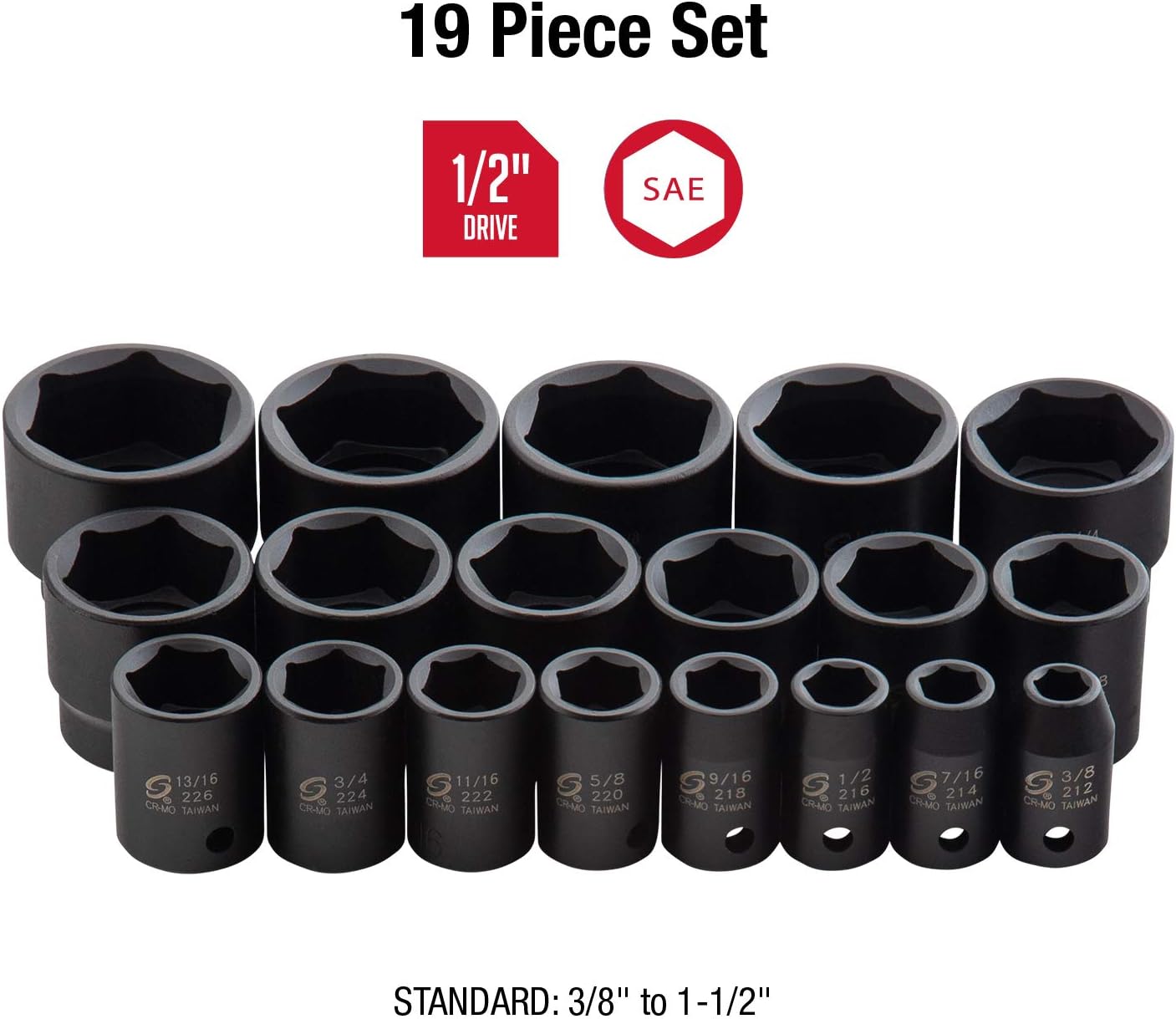 1/2 Inch Drive 19-Piece SAE Impact Socket Set with Heavy Duty Storage Case J77353