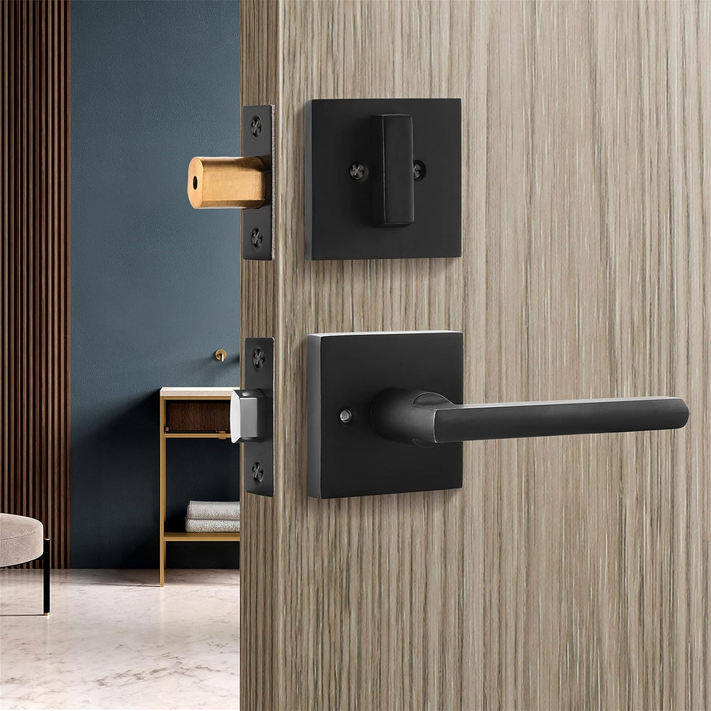 Matt Black Door Handle and Bolt Lock Set, Square Lever Heavy Duty Z936