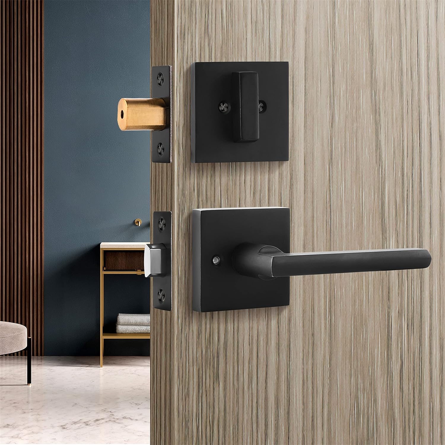Matt Black Door Handle and Bolt Lock Set, Square Lever Heavy Duty Z936