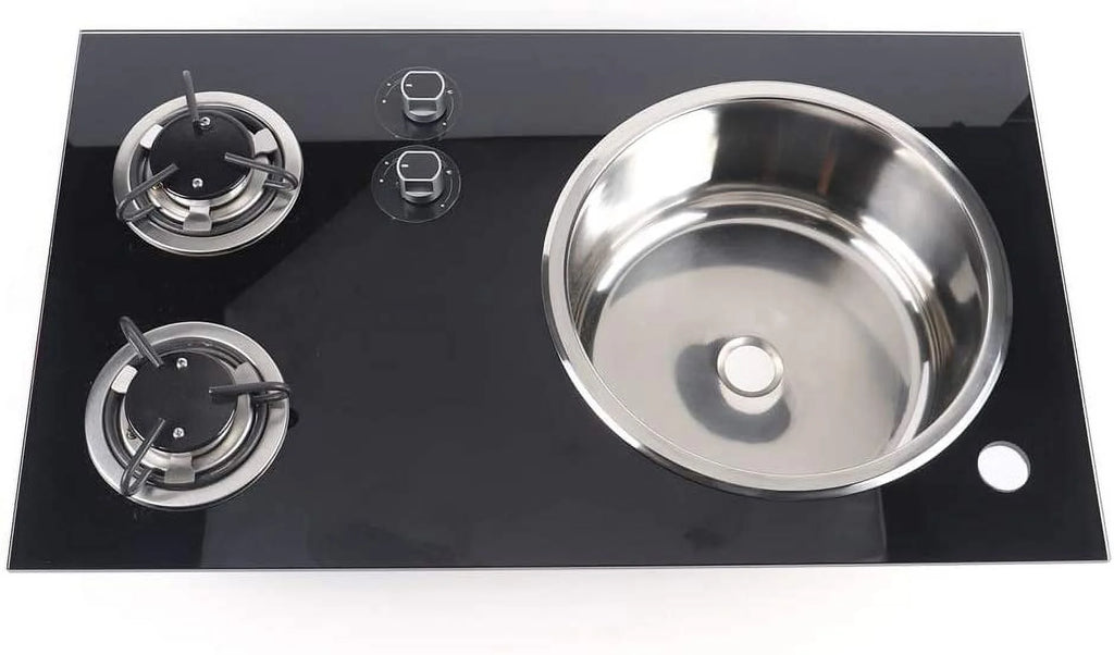 Gas Camping Stove 2 Burners with Tempered Glass Lids and Sink Comb M53248