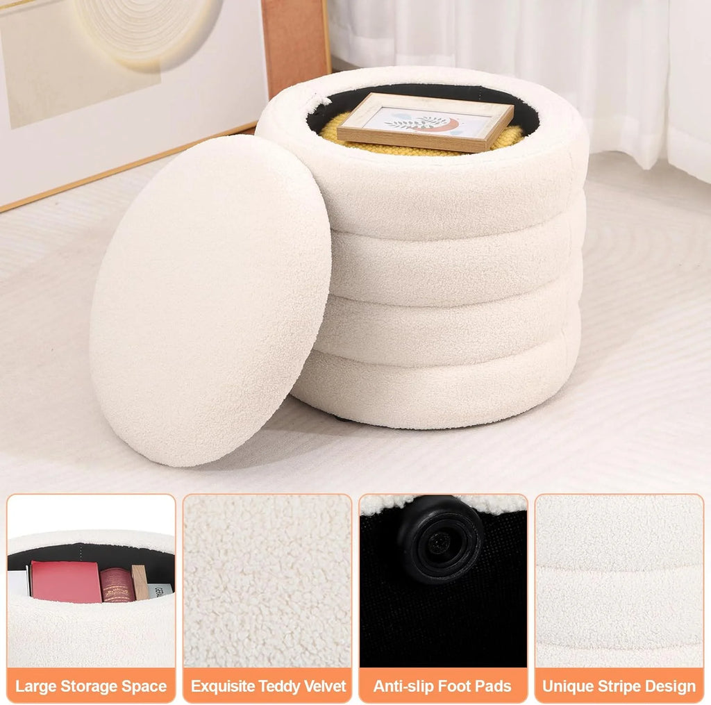 White Velvet Round Ottoman with Storage D63245