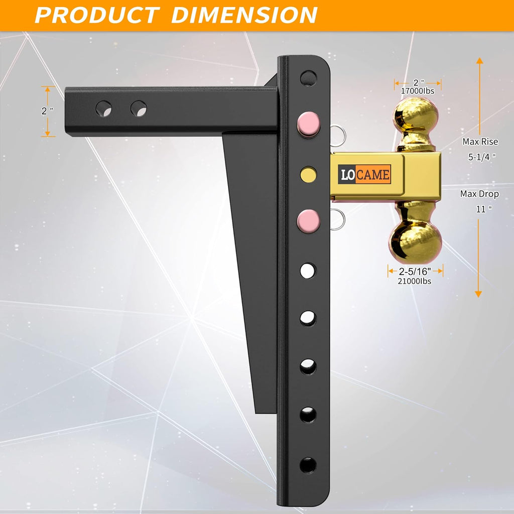 Adjustable Trailer Hitch, 2-Inch Receiver, 13-Inch Drop/Rise, 21000 LBS GTW, Double Pins, Solid Ball Mount P6947