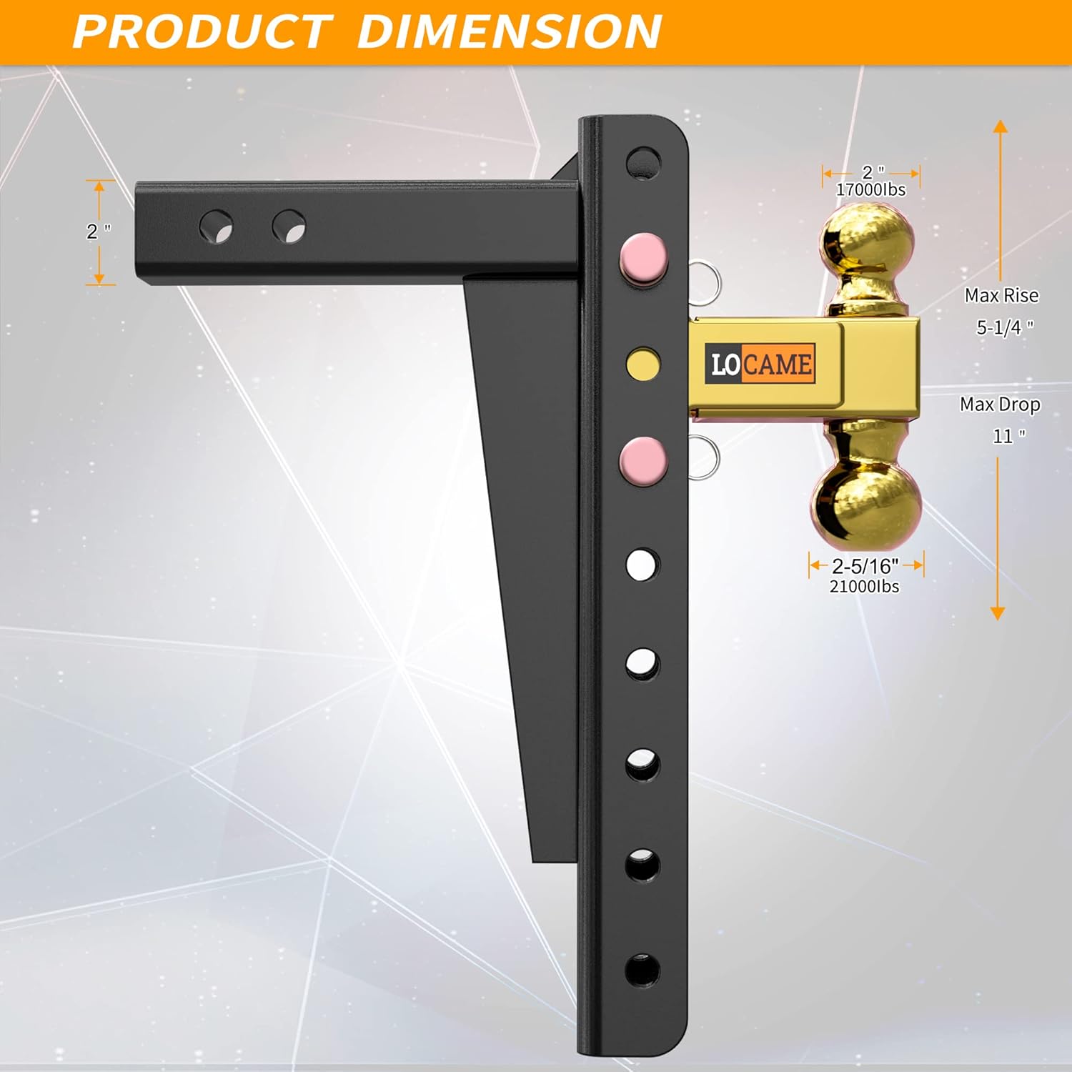 Adjustable Trailer Hitch, 2-Inch Receiver, 13-Inch Drop/Rise, 21000 LBS GTW, Double Pins, Solid Ball Mount P6947