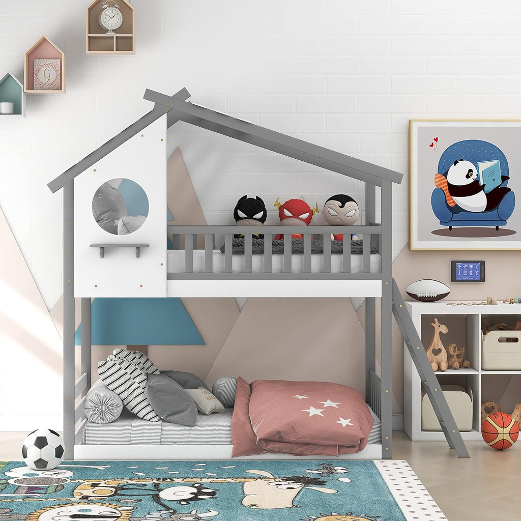 Gray Wood Kids Bunk Bed with Ladder D4662