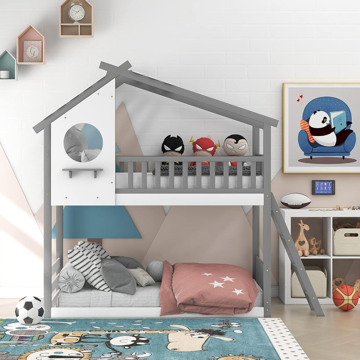Gray Wood Kids Bunk Bed with Ladder D4662