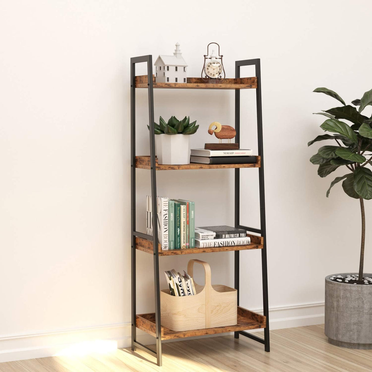 Industrial Bookshelf 4-Tier Ladder Shelf with Metal Frame S24107