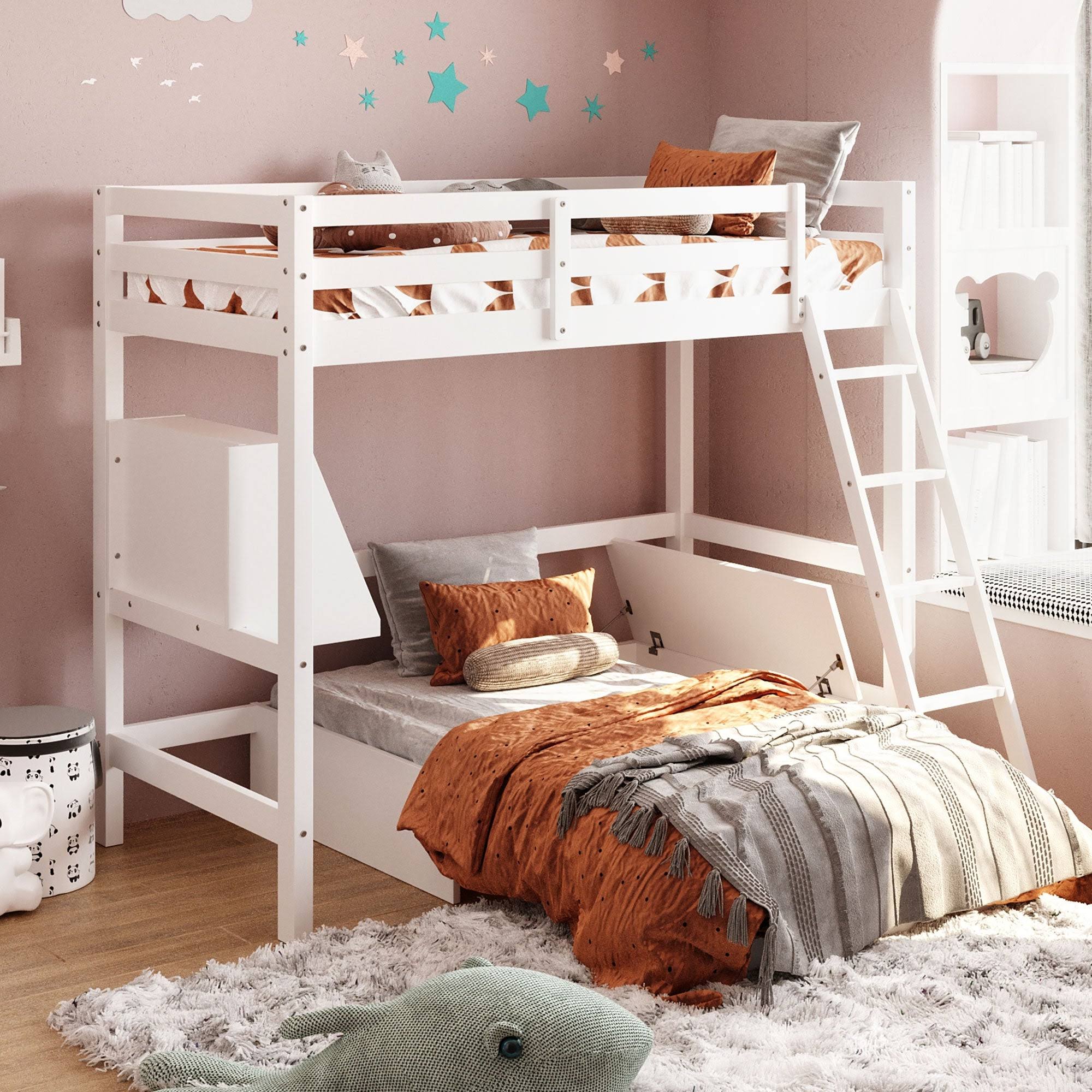 White Twin Loft Bed with Storage Drawer & Shelf K659