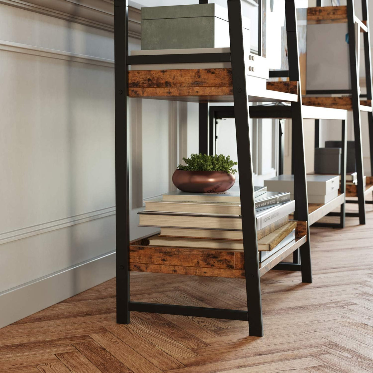 Industrial Bookshelf 4-Tier Ladder Shelf with Metal Frame S24107