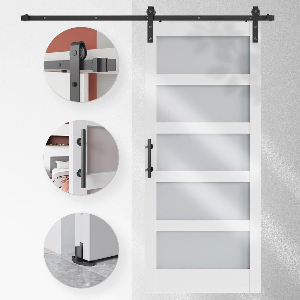 White 5-Panel Glass Barn Door with Sliding Hardware Kit X1061