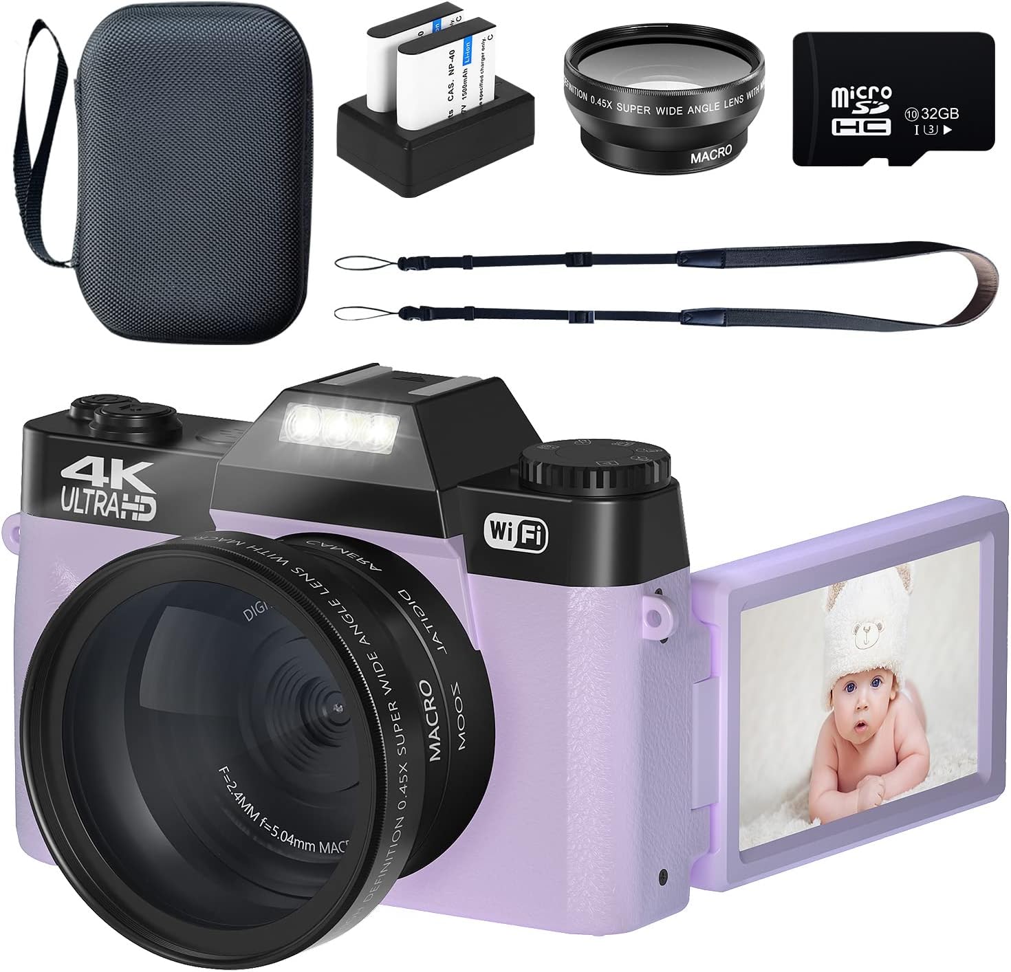 Purple 4K 48MP Digital Camera with WiFi, 32GB SD Card, 2 Batteries C511