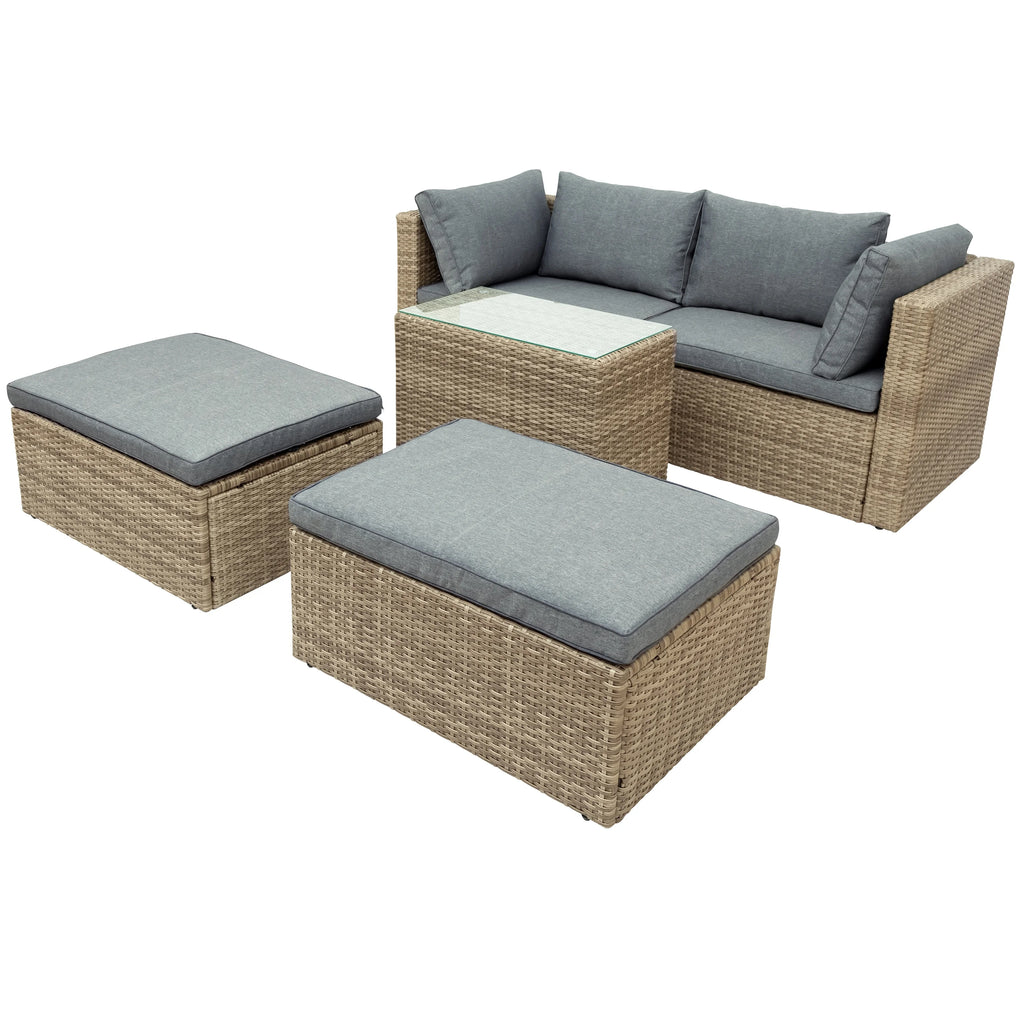 Gray Wicker Rattan Patio Sectional Sofa Set with Ottomans and Cushions S370188