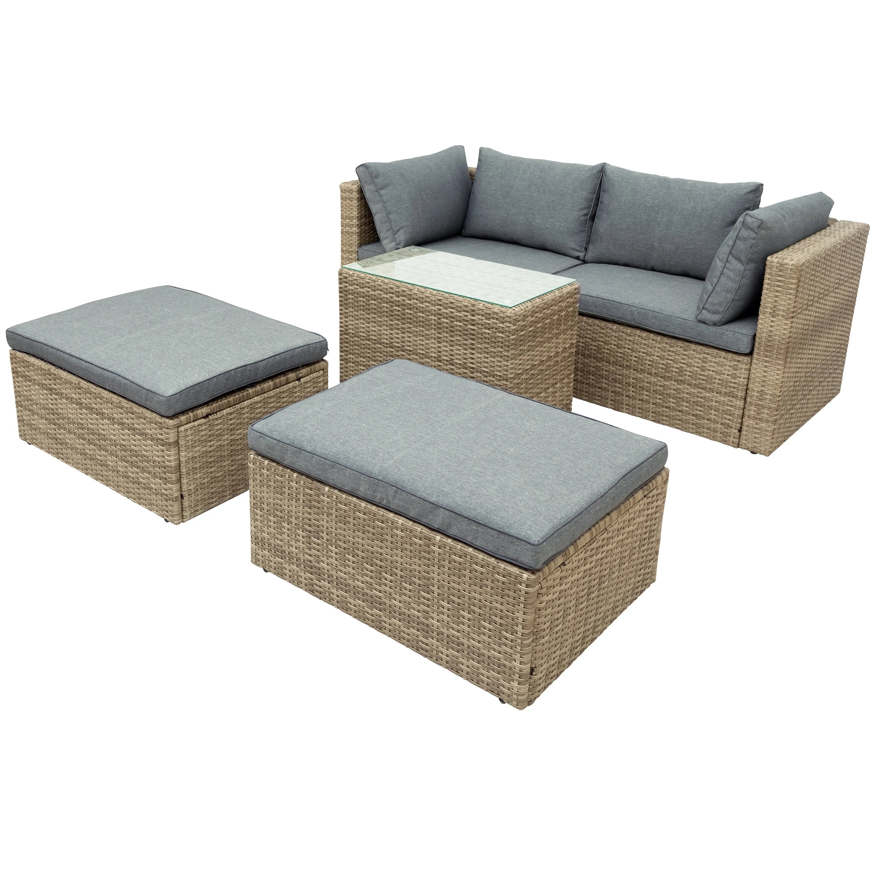 Gray Wicker Rattan Patio Sectional Sofa Set with Ottomans and Cushions S370188
