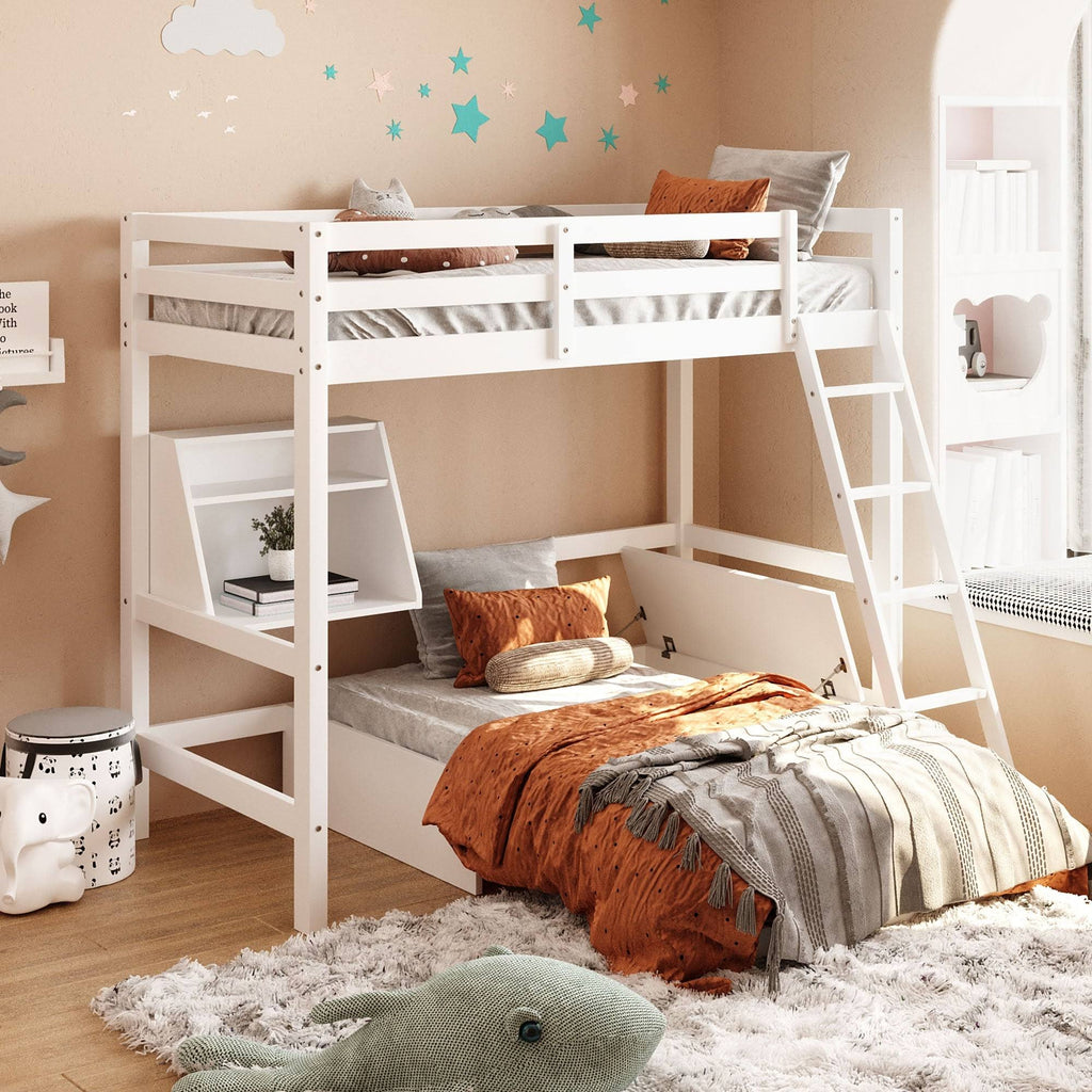 White Twin Loft Bed with Storage Drawer & Shelf K659