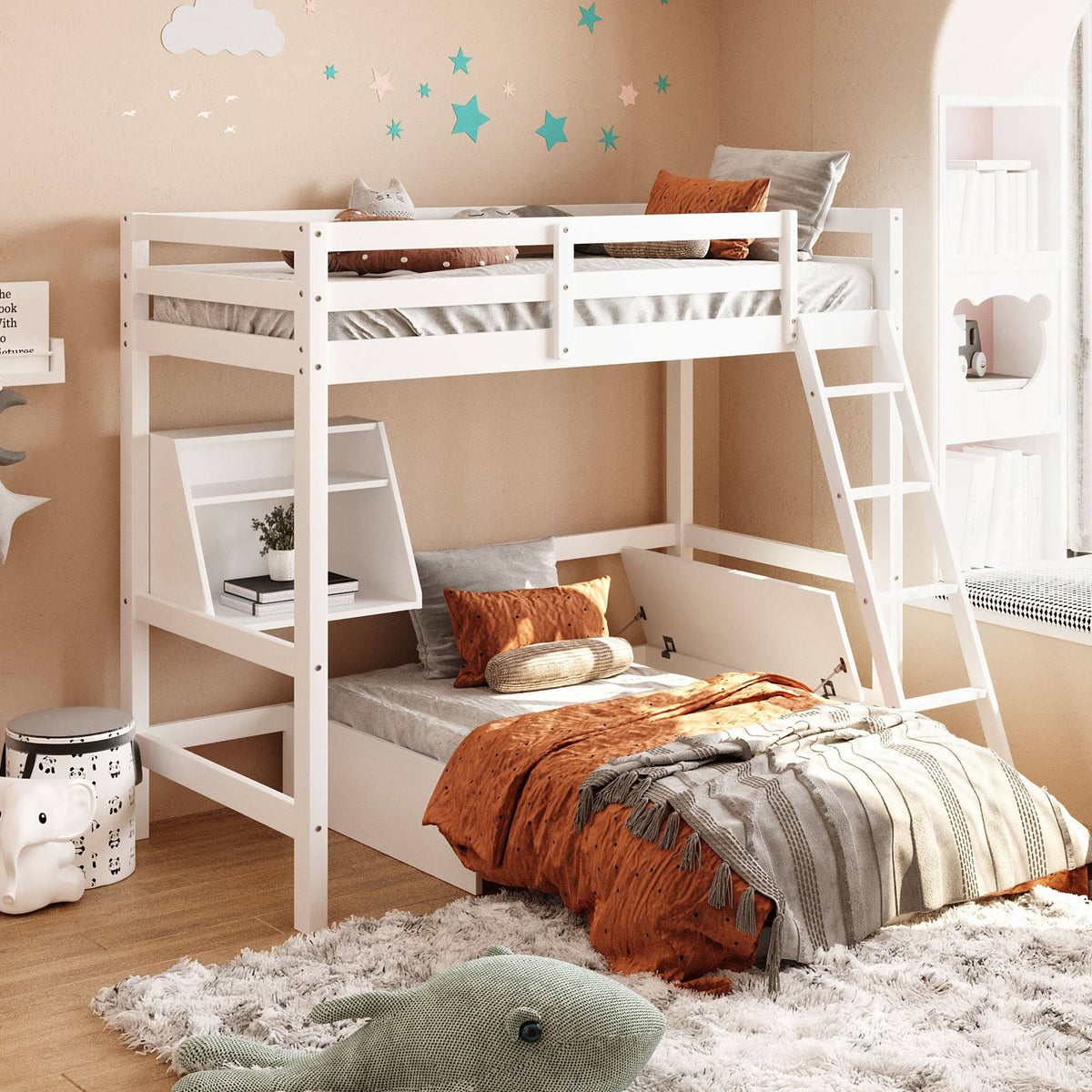 White Twin Loft Bed with Storage Drawer & Shelf K659
