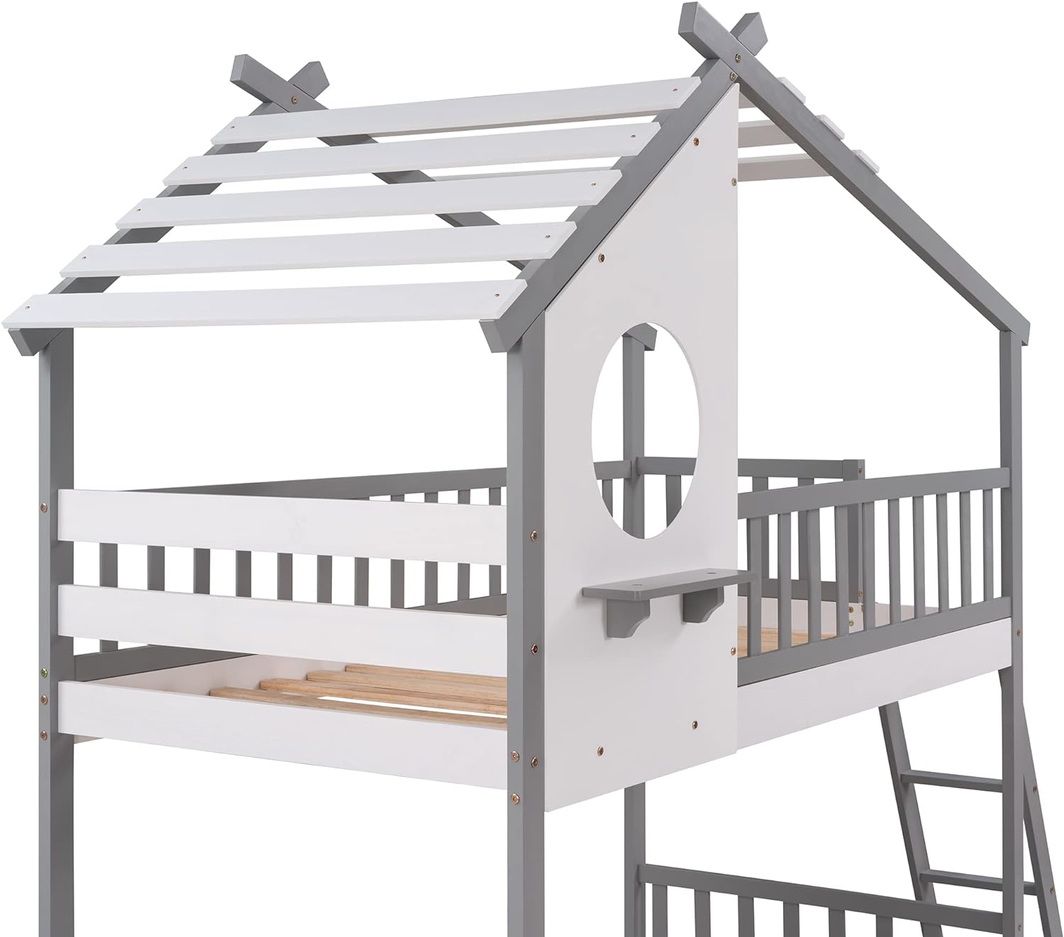 Gray Wood Kids Bunk Bed with Ladder D4662