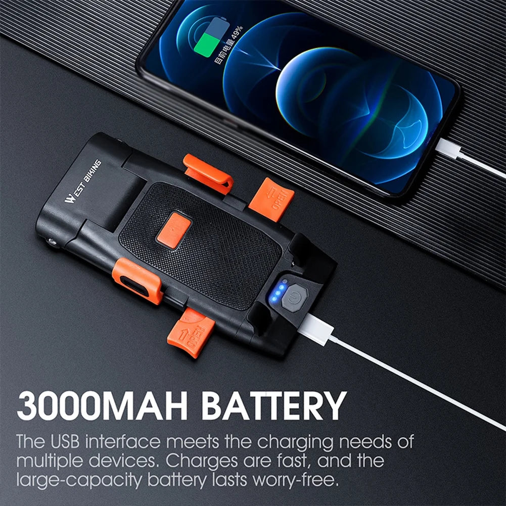 5in1 Bike Front Bracket Lamp Horn Mobilephone Holder Warning Bell Powerbanks USB Rechargeable Cycling Accessories B14213