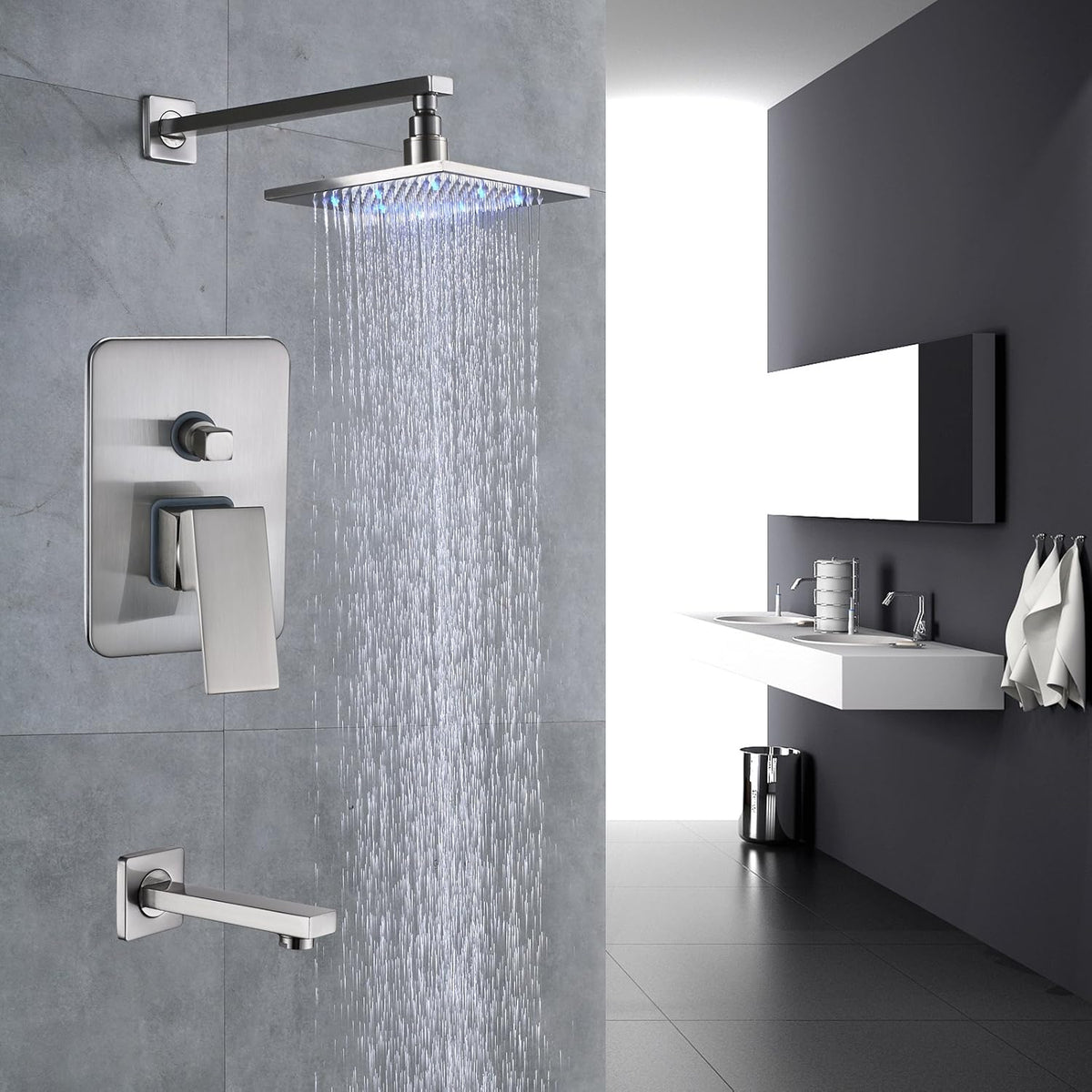 Brushed Nickel 8-inch Rainfall Shower Set with Tub Spout Tap T703