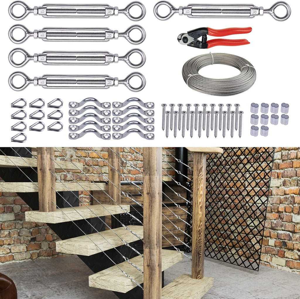 5Set 1/8" Cable Railing Kit Hardware Turnbuckle M5 Eye to Eye and 165' Wire Rope Stainless Steel Angle Adjustable 5 Cable Lines, Pack of 2 Z960