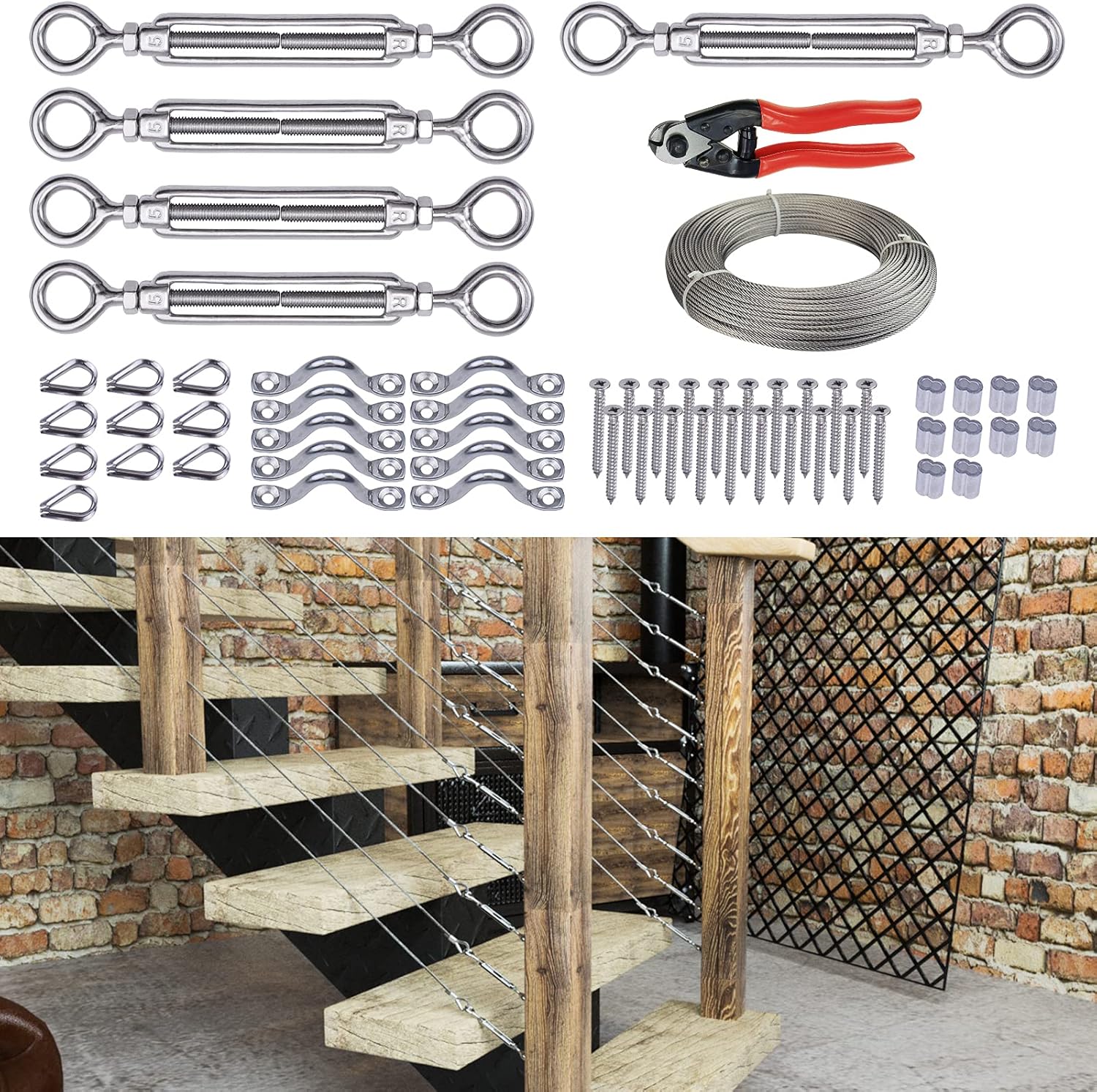 5Set 1/8" Cable Railing Kit Hardware Turnbuckle M5 Eye to Eye and 165' Wire Rope Stainless Steel Angle Adjustable 5 Cable Lines, Pack of 2 Z960