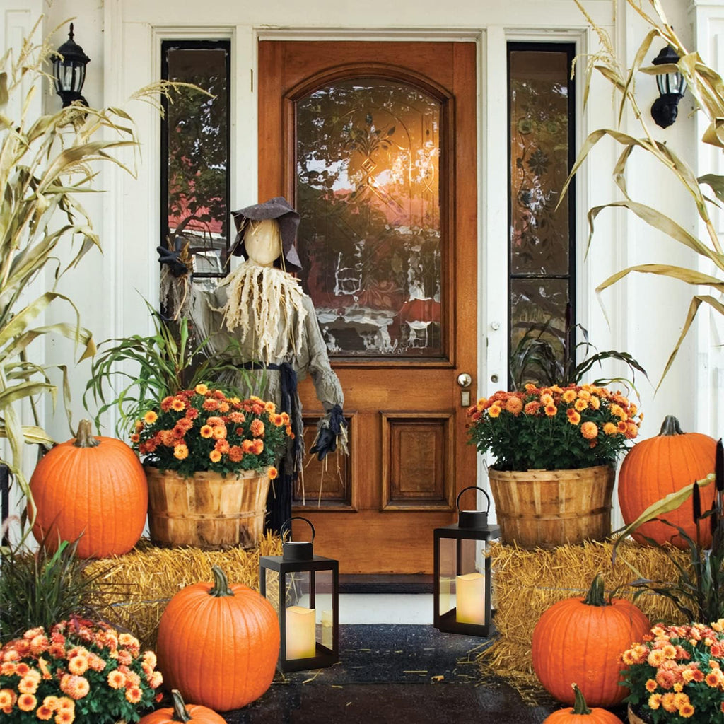 Large Outdoor Lantern with Solar Candle, 18 Inch Tall, Matte Black Metal Frame, Waterproof Flameless Pillar Candle V98774