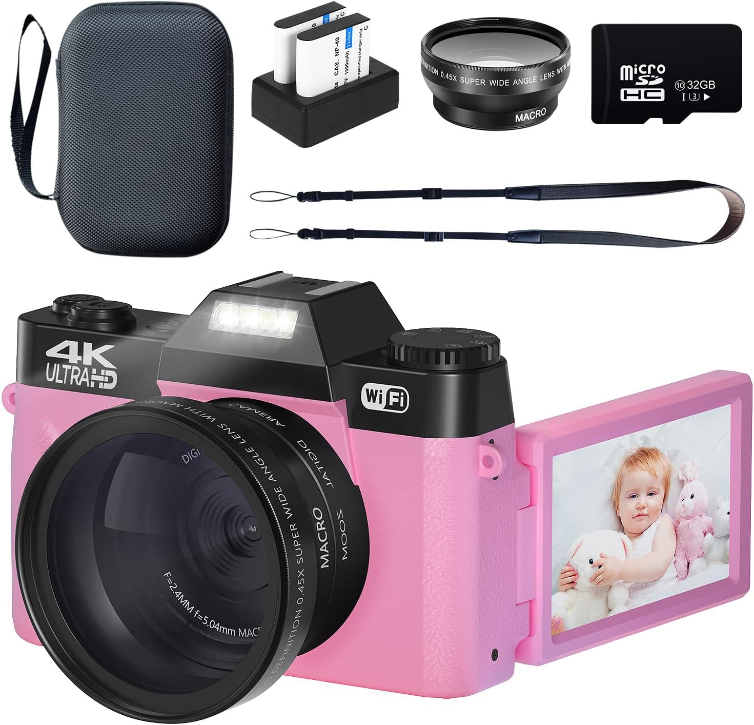 Purple 4K 48MP Digital Camera with WiFi, 32GB SD Card, 2 Batteries C511