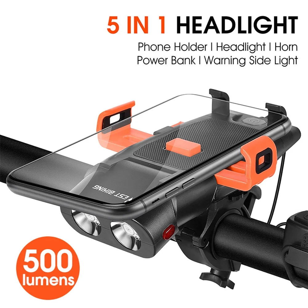 5in1 Bike Front Bracket Lamp Horn Mobilephone Holder Warning Bell Powerbanks USB Rechargeable Cycling Accessories B14213